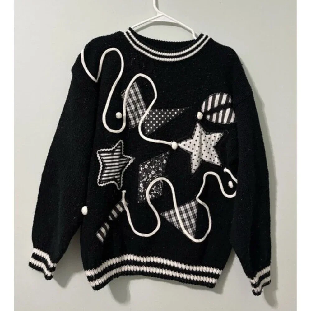 Vtg. 90s International Sportswear Co. Abstract Art Patchwork Stars Sweater Sz L